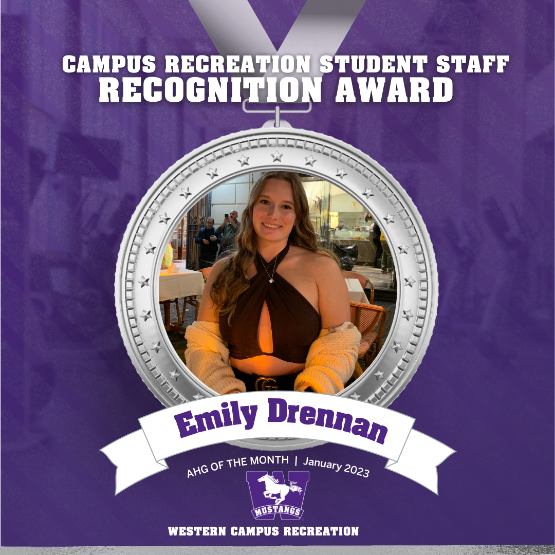 Head shot of Emily Drennan inside a silver medal graphic with a mustangs purple background